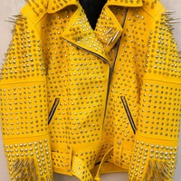 Crafted Leather Women Classy Yellow Gothic Emo Style Leather Studded Jacket with Silver Studs and Spikes - Thumbnail 1
