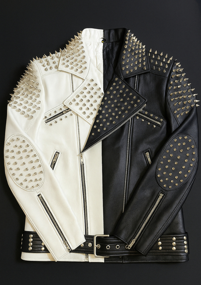 Crafted Leather Handmade Black White Leather Classic Punk Fashion Studded Jacket