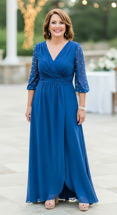 Plus Size Blue Chiffon 2/3 Sleeve Mother of Bride/Groom Dress Evening Formal Gowns