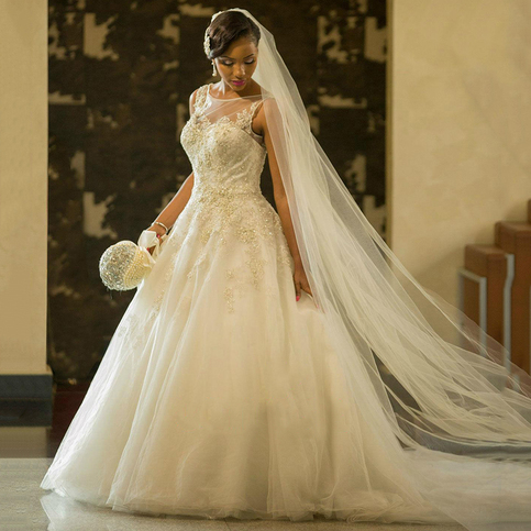 Stunning Illusion A-line Tulle Wedding Dress, Pearl Beaded Lace