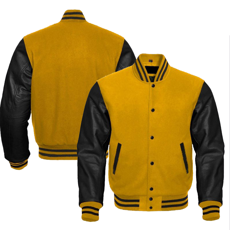 Men's Yellow Black Varsity Wool Leather Bomber Jacket Varsity Bomber