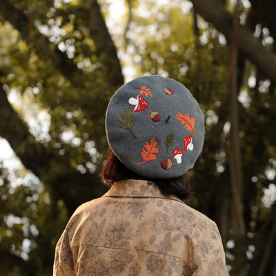 Cute handmade fairy mushroom acorn autumn leaves garden fall girl wool beret hat