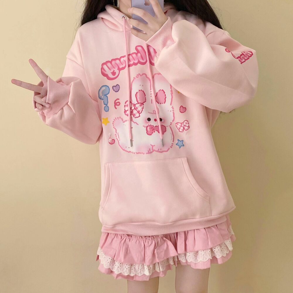 Pink Kawaii Crying Rabbit Emoji Cartoon Harajuku Streetwear