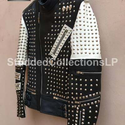 Men's biker studded black and white leather jacket