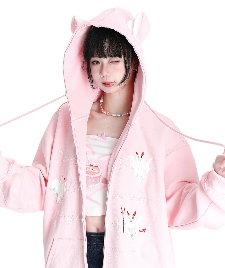 国内で当店のみ PINKSPINK - cosmic cat ear fleece jacket Women Cute Kawaii Cat Ear Claw Grils Fleece Warm Long Sleeve