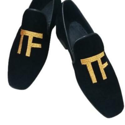 New tom ford black velvet men gold tf monogram logo loafers shoes