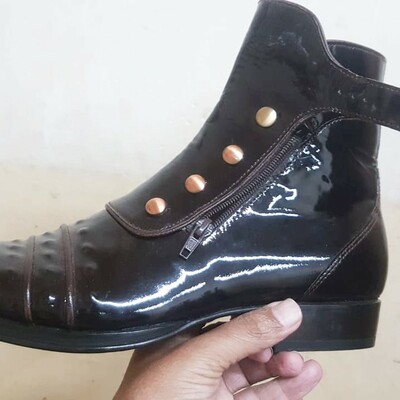 Jo ghost black patent leather ankle high jodhpur buckle boot with zipper and button - Thumbnail 1