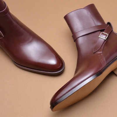Men jodhpur rounded buckle handmade high ankle genuine leather boots