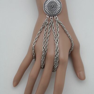 Big silver metal coin charm hand chain bracelet fashion jewelry 3 finger rings