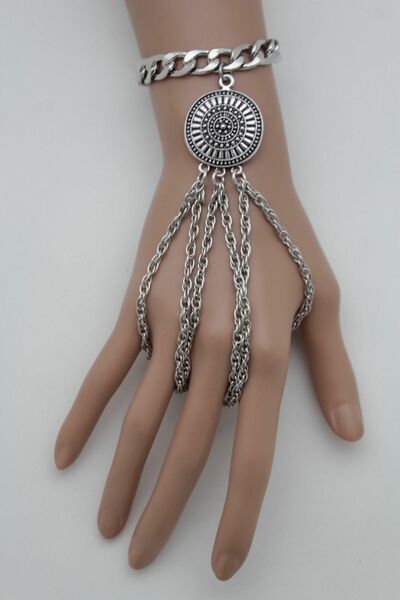 Big Silver Metal Coin Charm Hand Chain Bracelet Fashion Jewelry 3 Finger Rings