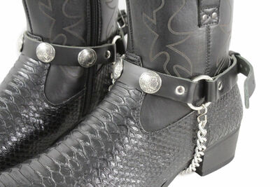 Biker Men Western Boots Silver Chains Pair Faux Leather Straps Native American