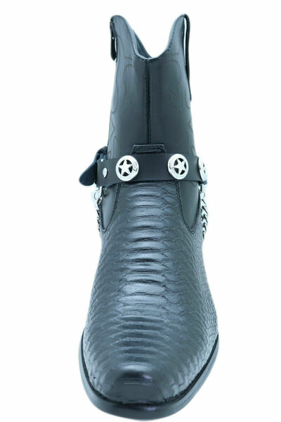 Biker Men Western Boot Silver Chain Pair Faux Leather Straps Star Charms