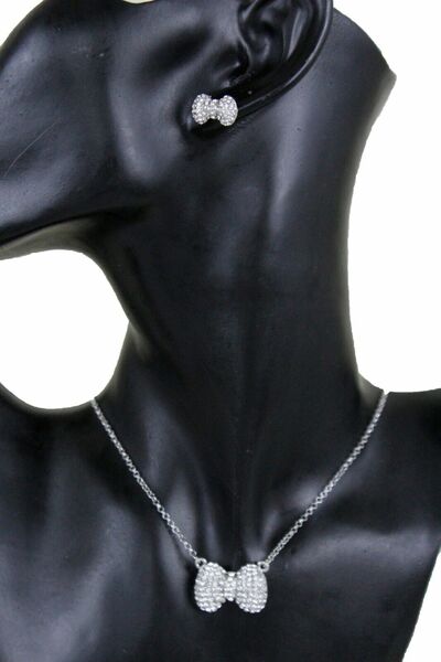 Casual Look Women Silver Metal Fashion Jewelry Necklace Ribbon Bow Tie Charm