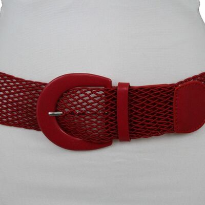 Women red fashion faux leather mesh fabric belt buckle web net size s m