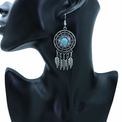 Women earrings antique silver metal feathers turquoise blue color beads