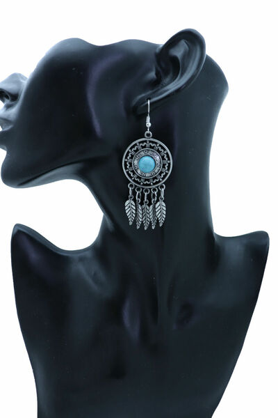 Women Earrings Antique Silver Metal Feathers Turquoise Blue Color Beads