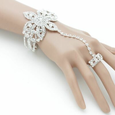 Women elegant fashion jewelry silver metal hand chain bracelet flower ring