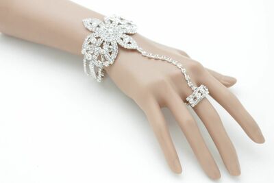 Women Elegant Fashion Jewelry Silver Metal Hand Chain Bracelet Flower Ring