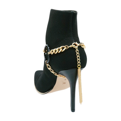 Women gold metal chain boot bracelet shoe black circle charm tassel hip hop
