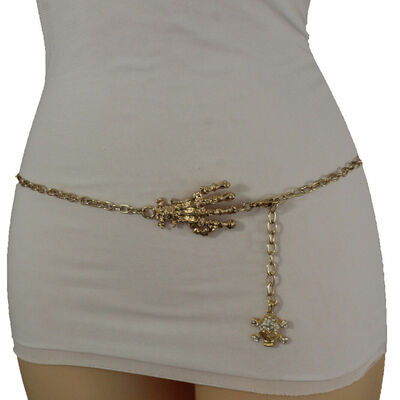 Women gold metal chain fashion belt skull skeleton finger hand charm xs s m
