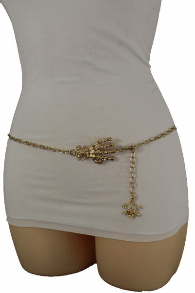 Women Gold Metal Chain Fashion Belt Skull Skeleton Finger Hand Charm XS S M