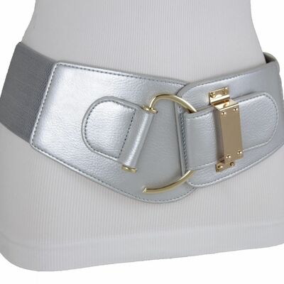 Women fancy fashion belt metallic shiny silver stretch gold hook buckle s m