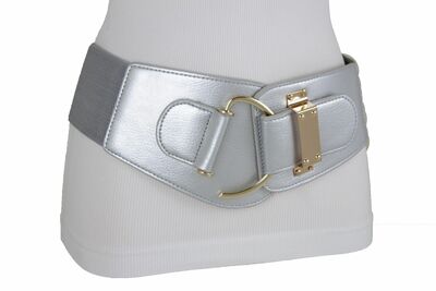 Women Fancy Fashion Belt Metallic Shiny Silver Stretch Gold Hook Buckle S M
