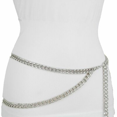 Women fancy fashion belt silver metal chain link hip high waist size xs s m