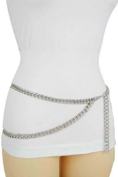 Women Fancy Fashion Belt Silver Metal Chain Link Hip High Waist Size XS S M