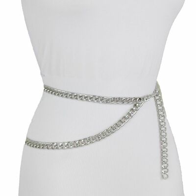 Women fancy fashion belt silver metal chain link hip waist plus size xl xxl