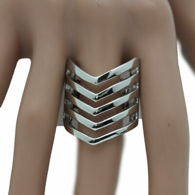 Women ring fashion jewelry silver metal chevron stripes finger stretch band
