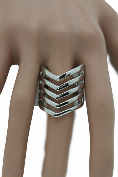 Women Ring Fashion Jewelry Silver Metal Chevron Stripes Finger Stretch Band