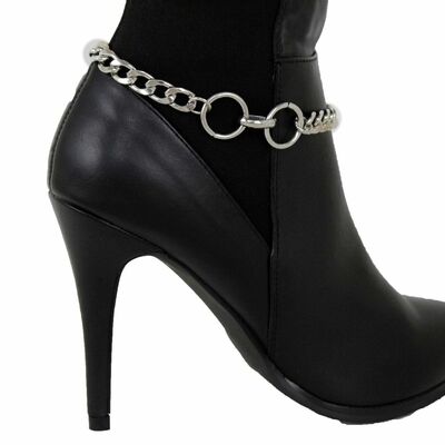 Women silver metal boot chain western bling shoe strap bracelet ring charms