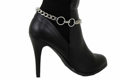 Women Silver Metal Boot Chain Western Bling Shoe Strap Bracelet Ring Charms