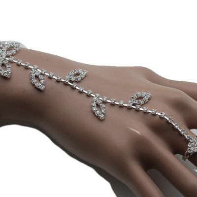 Women silver metal fashion wrist leaf flower dressy bracelet filigree ring