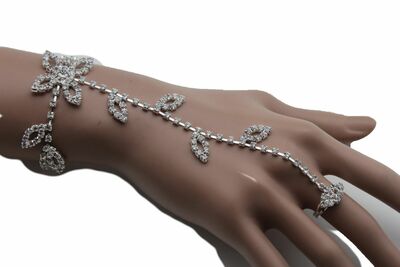 Women Silver Metal Fashion Wrist Leaf Flower Dressy Bracelet Filigree Ring