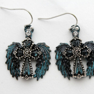 Women silver metal western jewelry earrings angel wing cross turquoise blue