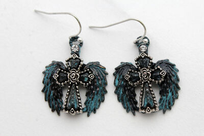 Women Silver Metal Western Jewelry Earrings Angel Wing Cross Turquoise Blue