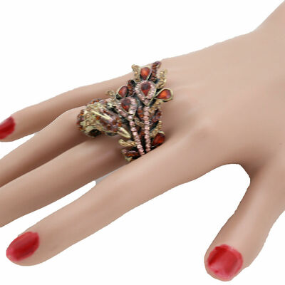 Women gold metal ring fashion peacock jewelry wrap around brown finger bird