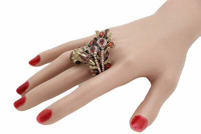 Women Gold Metal Ring Fashion Peacock Jewelry Wrap Around Brown Finger Bird