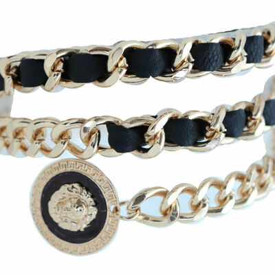 Dressy look women fashion black belt hip high waist gold metal chain lion m l xl