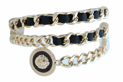 Dressy Look Women Fashion Black Belt Hip High Waist Gold Metal Chain Lion M L XL
