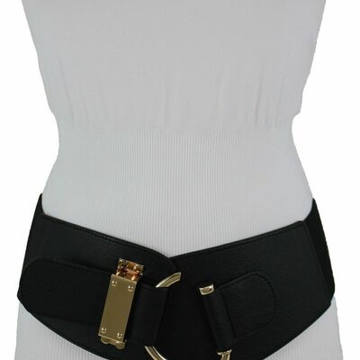 Women wide cinch black faux leather belt gold hook buckle size l xl xxl
