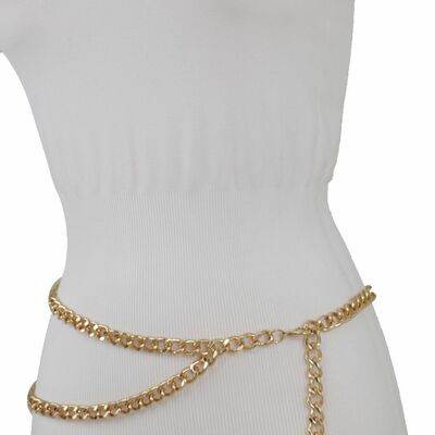 Women fashion belt hip high waist gold metal chain links band size xs s m