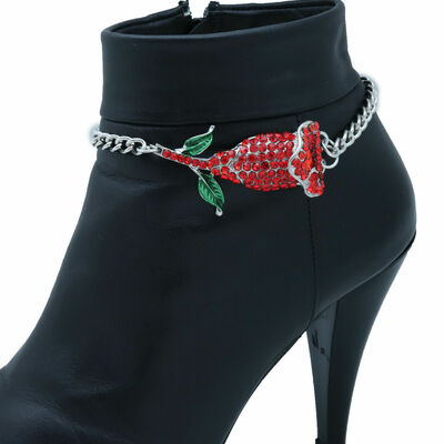 Women silver metal chain boot bracelet shoe anklet red flower glam charm