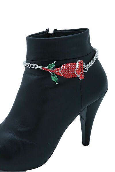 Women Silver Metal Chain Boot Bracelet Shoe Anklet Red Flower Glam Charm