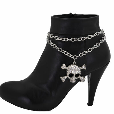 Women silver metal chain boot western shoe skeleton skull charm biker rider
