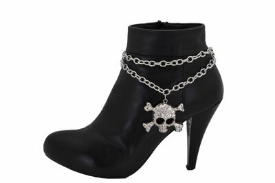 Women Silver Metal Chain Boot Western Shoe Skeleton Skull Charm Biker Rider