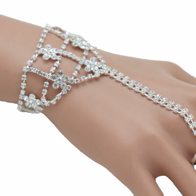 Women silver metal hand chain bracelet flower charm elastic ring jewelry