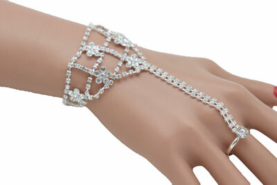 Women Silver Metal Hand Chain Bracelet Flower Charm Elastic Ring Jewelry